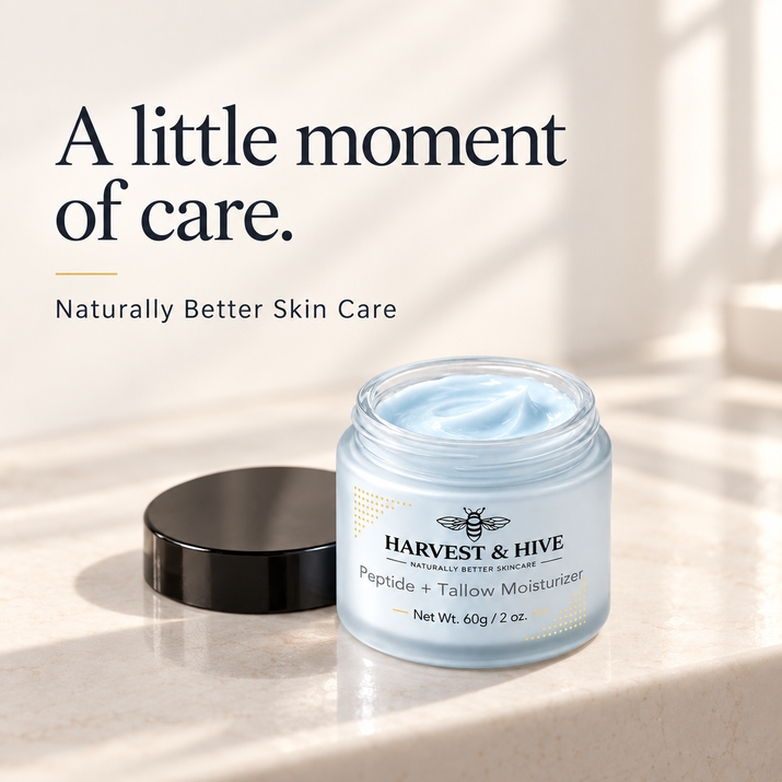 Open Harvest & Hive balm with its black lid on an ivory surface. Naturally Better Skin Care.