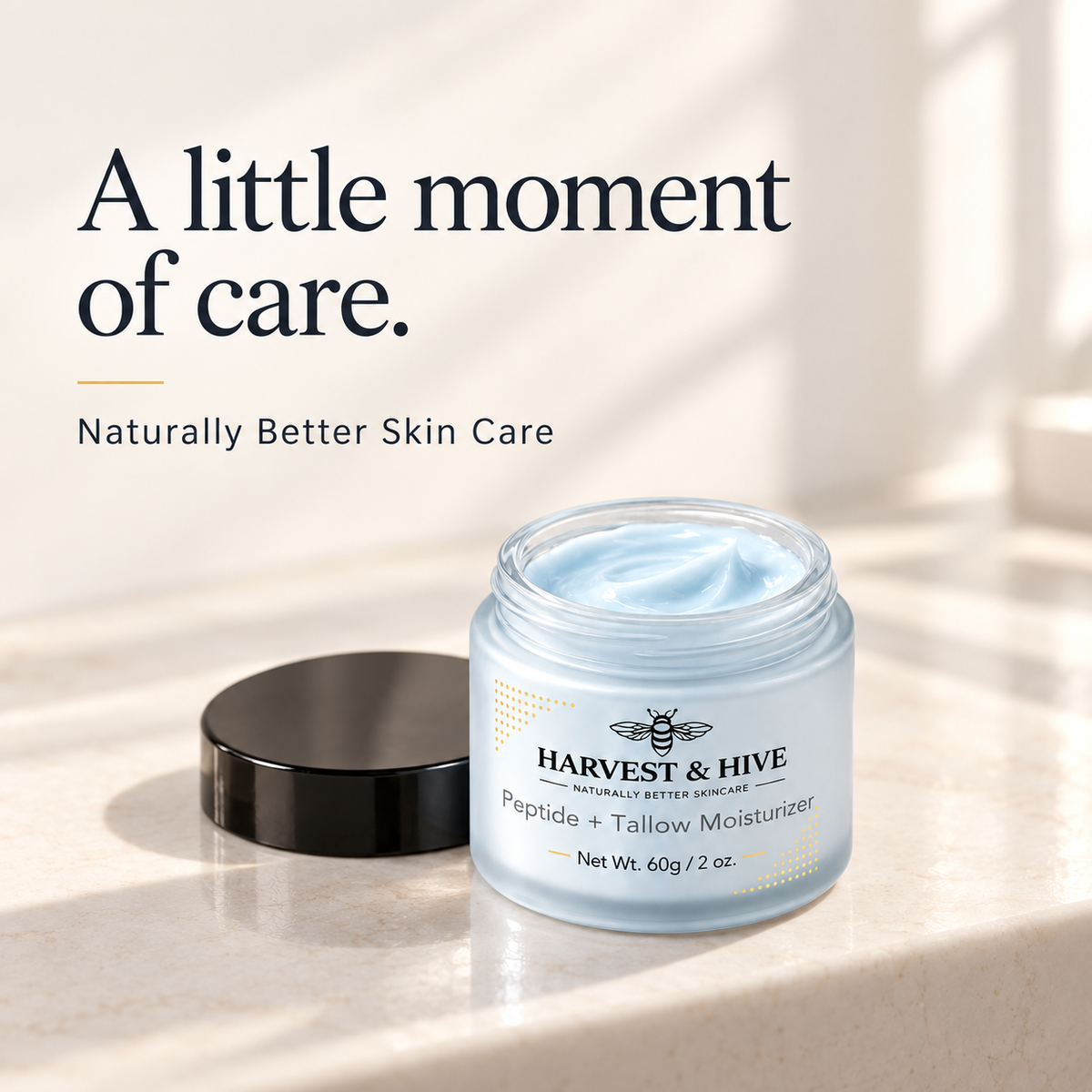 Open Harvest & Hive balm with its black lid on an ivory surface. Naturally Better Skin Care.