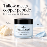 Harvest & Hive balm featuring tallow and GHK-Cu copper peptide.