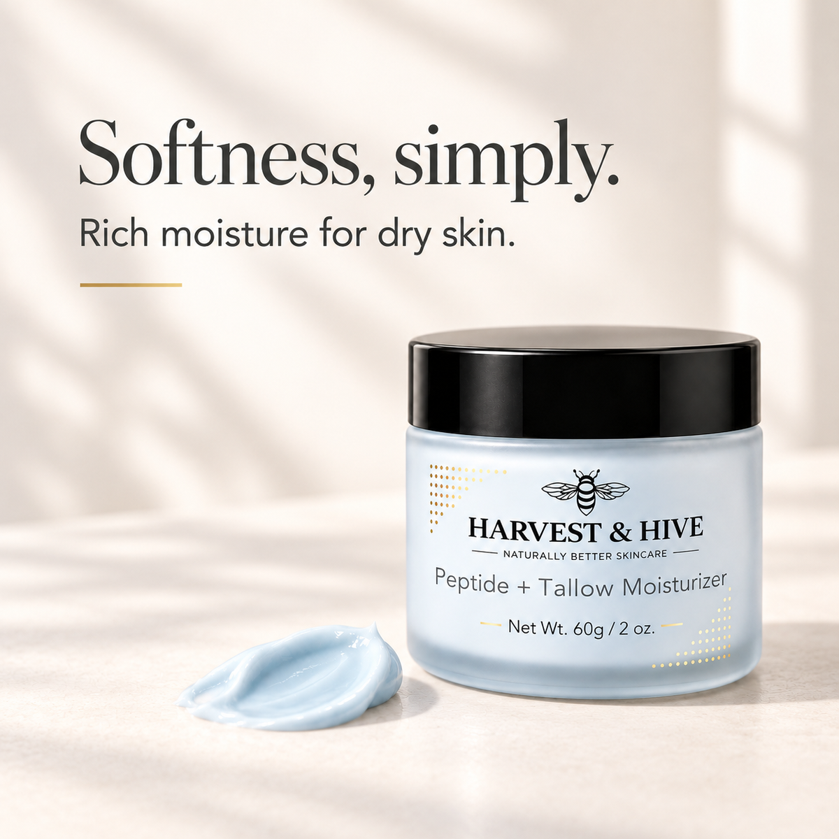 Harvest & Hive peptide and tallow moisturiser: rich moisture for dry skin.