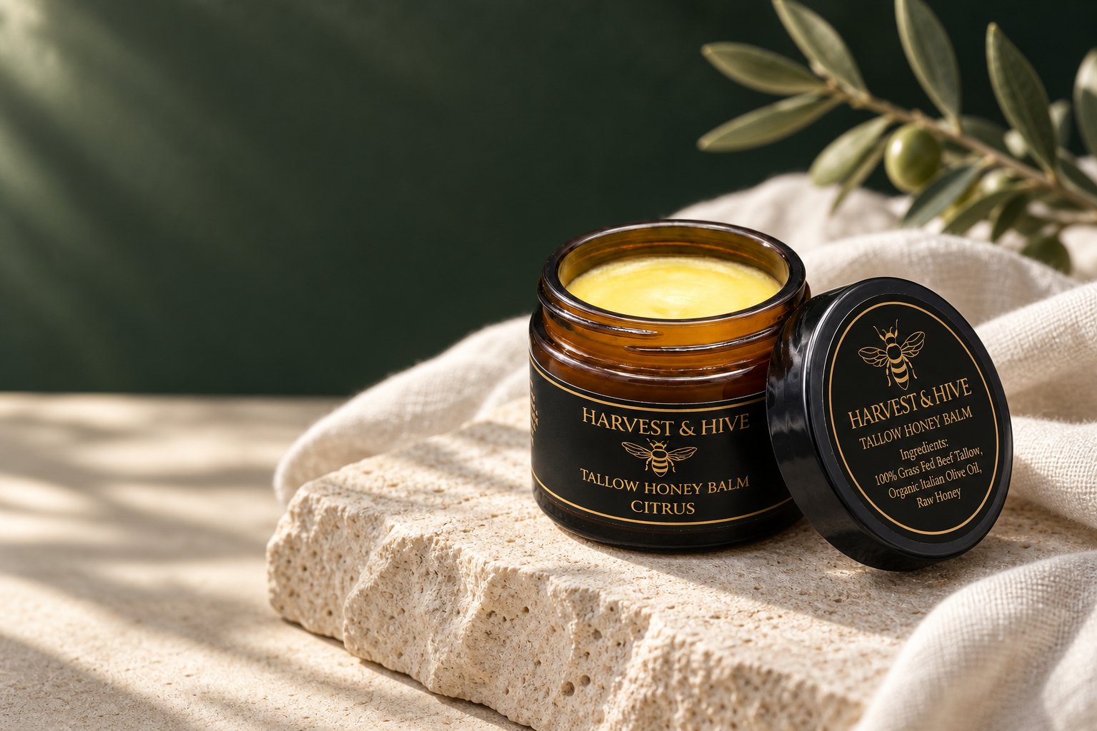 Harvest & Hive Tallow and Honey Balm with linen, olive leaves and limestone
